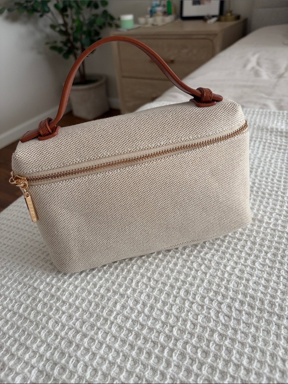 Canvas Top-Handle Cosmetic Case - Cream with Brown Trim